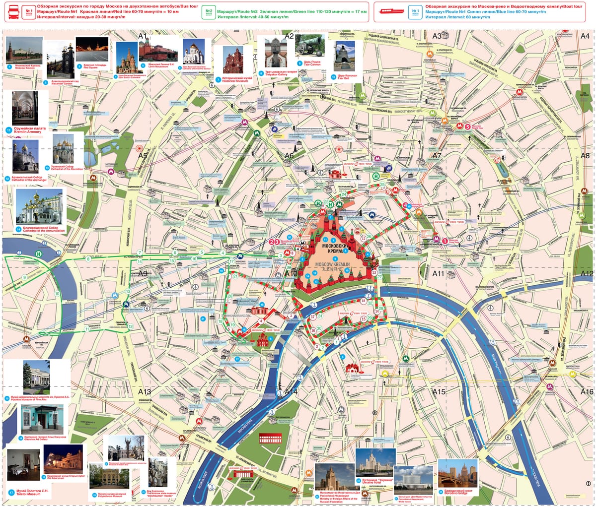 Mapa trasy autobusu hop-on hop-off po Moskwie z City Sightseeing